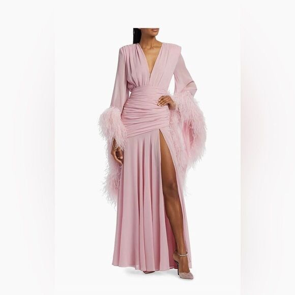 NWOT BRONX AND BANCO Geisha Pink Maxi Dress Feathered Gown | Retail $1100 - Picture 2 of 16